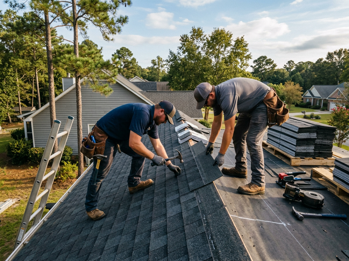 JPG Construction crew installing architectural shingles on a residential roof in South Georgia.