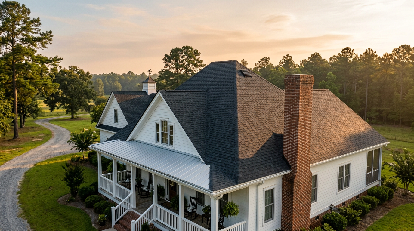 Newly installed charcoal asphalt shingle roof on a Southern home at golden hour.